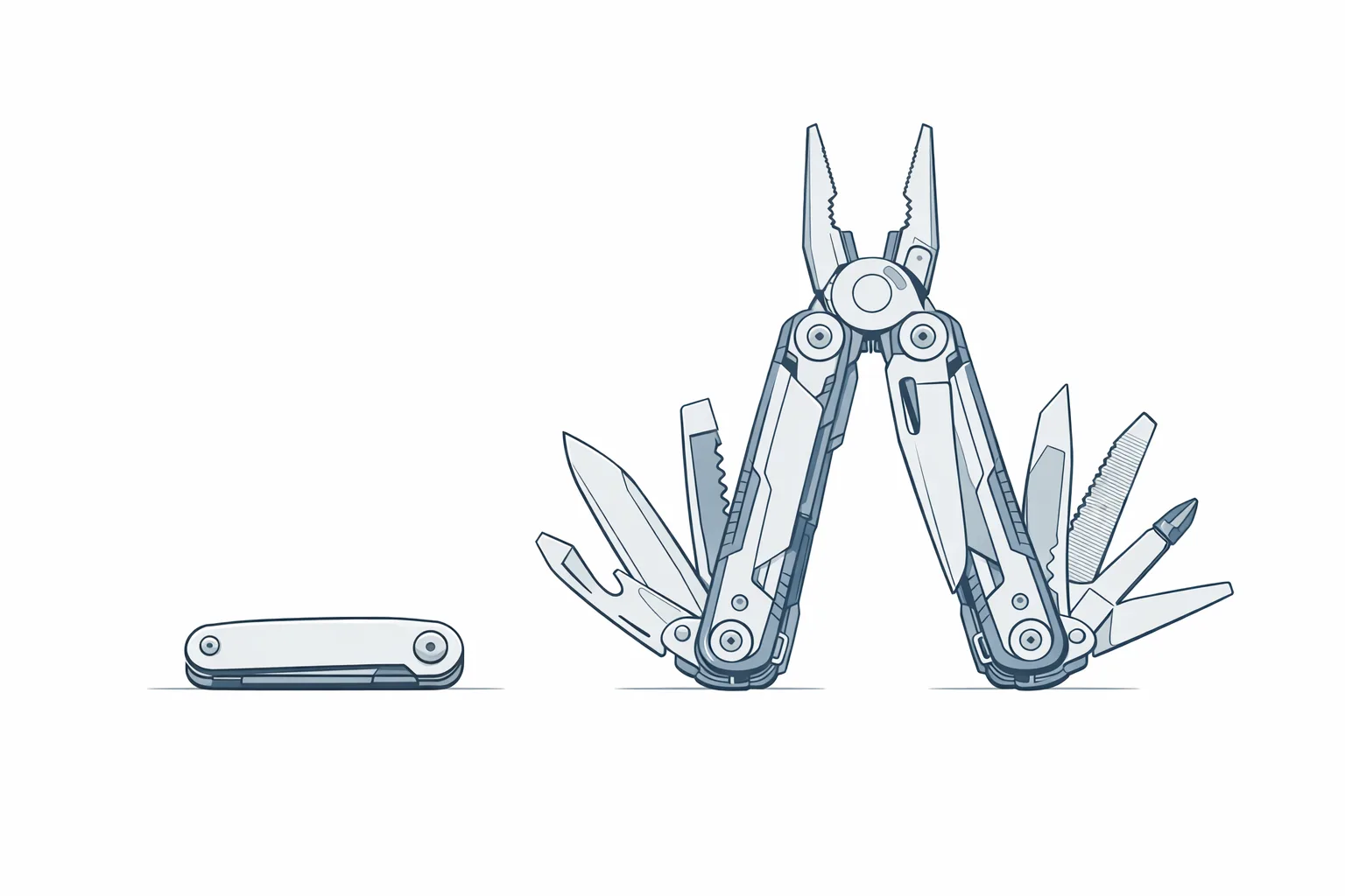 Minimal technical illustration showing a small compact pocket knife beside a large unfolded multi-tool with extended attachments, representing the contrast between a simple lightweight tool and a complex heavy-duty platform