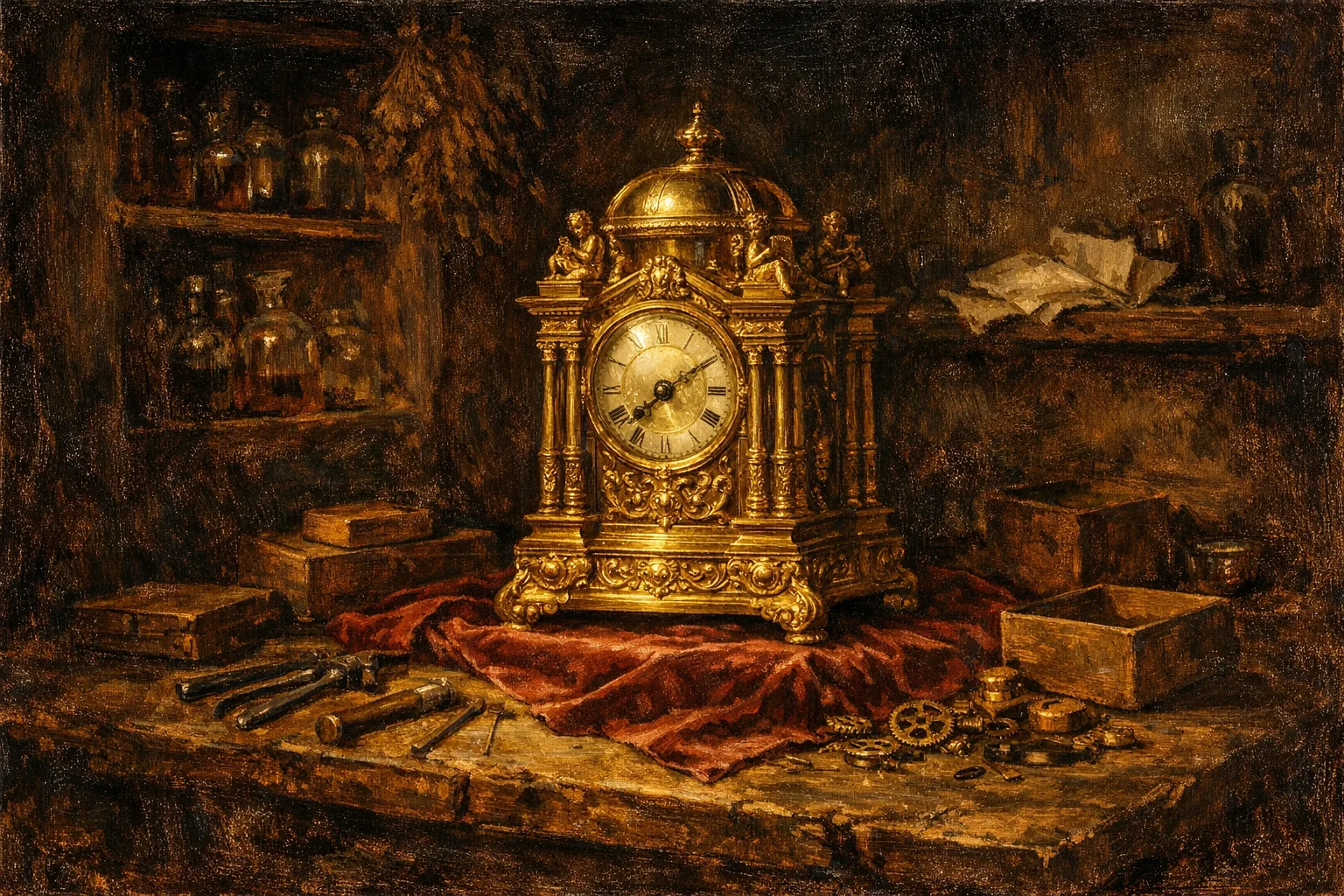 Baroque oil painting of a gleaming ornate brass clock sitting complete and finished on a craftsman's wooden worktable surrounded by scattered tools, lit by warm amber candlelight against deep shadows