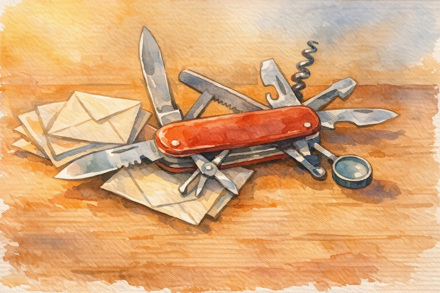 Watercolor illustration of an open Swiss Army knife with tools extended at odd angles beside a small stack of envelopes on a warm wooden desk