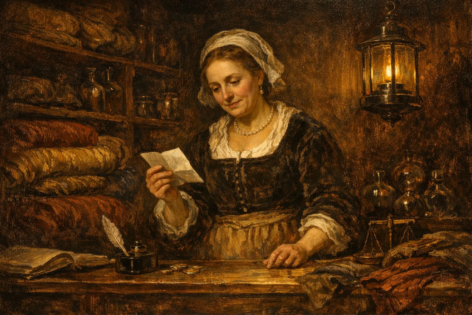 A merchant woman in a warmly lit historic shop examines a document with a look of cautious satisfaction, surrounded by shelves of goods in a dramatic chiaroscuro composition