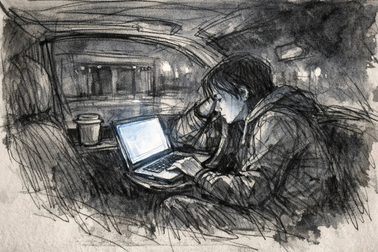 Expressive pencil and ink sketch of a person working on a laptop in a parked car at night, screen light illuminating their face, coffee cup on the dashboard, dark street visible through the windshield