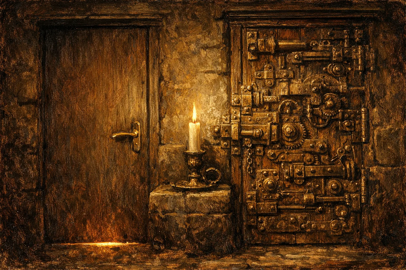 Baroque oil painting of two wooden doors side by side, one simple with a single brass handle and warm light beneath it, the other covered in intricate locks and mechanical fixtures, rendered in dramatic Rembrandt chiaroscuro lighting