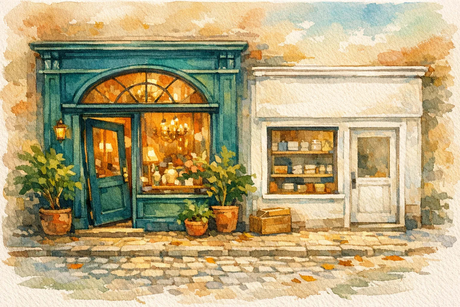 Watercolor illustration of two neighboring storefronts, one elegantly designed with warm lighting and a beautiful window display, the other clean and functional but plain, representing the design gap between Squarespace and Weebly