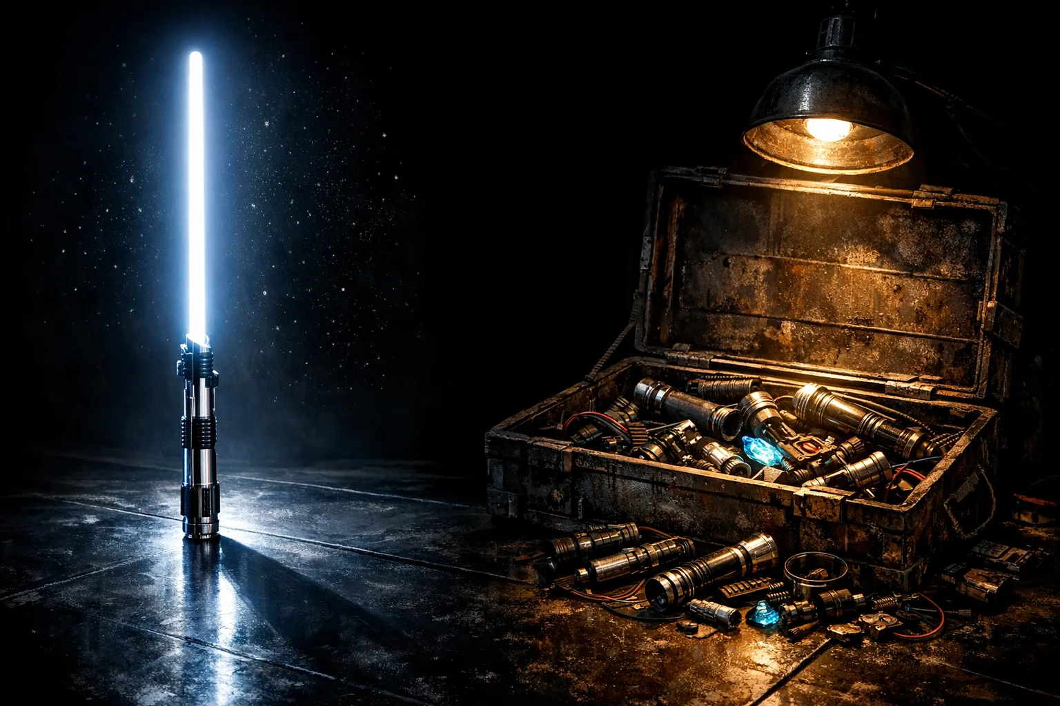 A glowing assembled lightsaber standing upright beside an open crate of scattered lightsaber components in cinematic Star Wars style lighting
