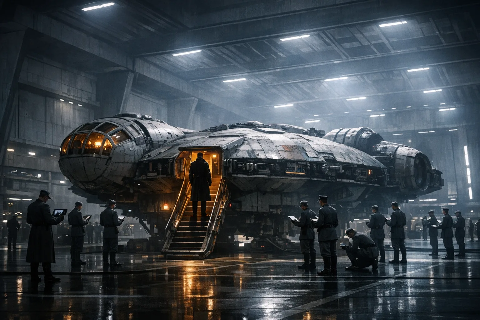 A worn and beloved light freighter spacecraft docked inside a cold corporate Imperial-style hangar, surrounded by uniformed bureaucratic officers inspecting it under harsh fluorescent lighting, warm cockpit glow contrasting against sterile blue-white surroundings