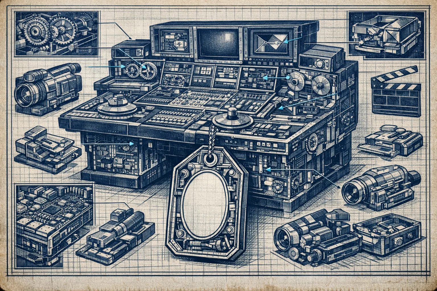 Technical blueprint illustration of a professional cinema editing console in exploded cross-section view surrounded by smaller consumer video tools, with a blank price tag hanging from the main unit, rendered in precise engineering drawing style on navy drafting paper
